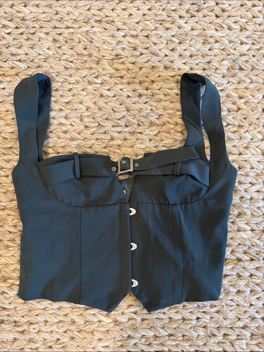 Peppermayo Black Corset-Style Buckle Crop Top